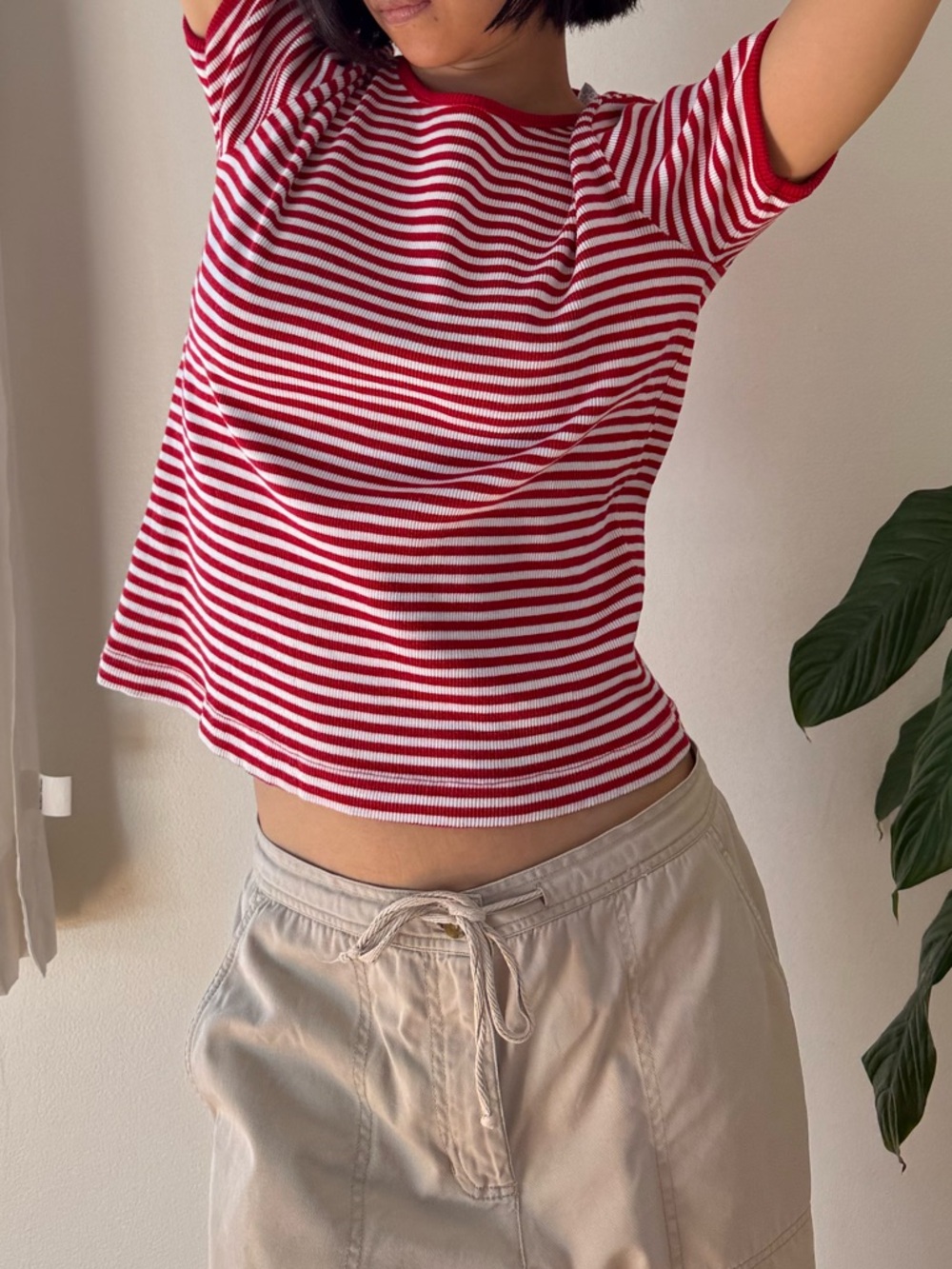 Vintage Pacer 100% Cotton Red And White Stripes Ribber Short Sleeve Top Size PS
